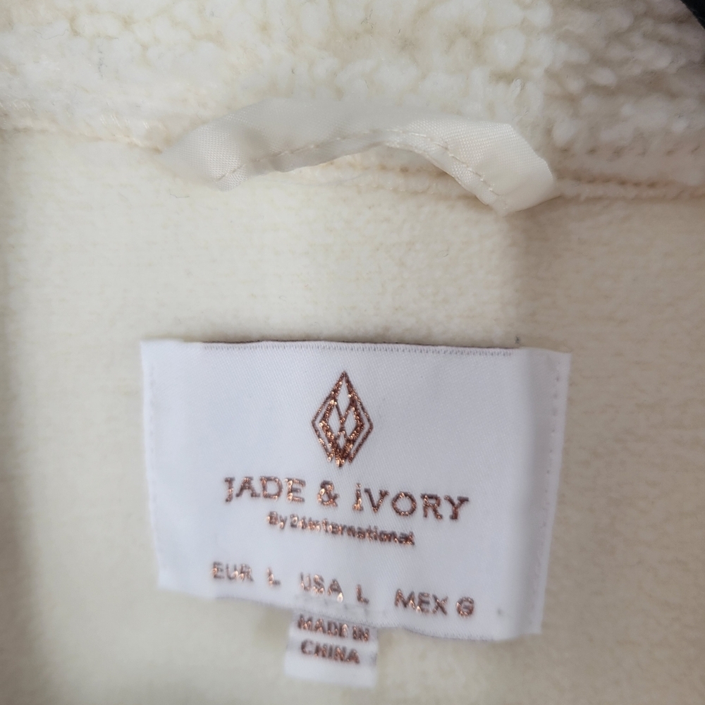 Jade & Ivory Cream Faux Shearling Aviator Jacket Black Trim Zip Front Cozy L New - Picture 3 of 5